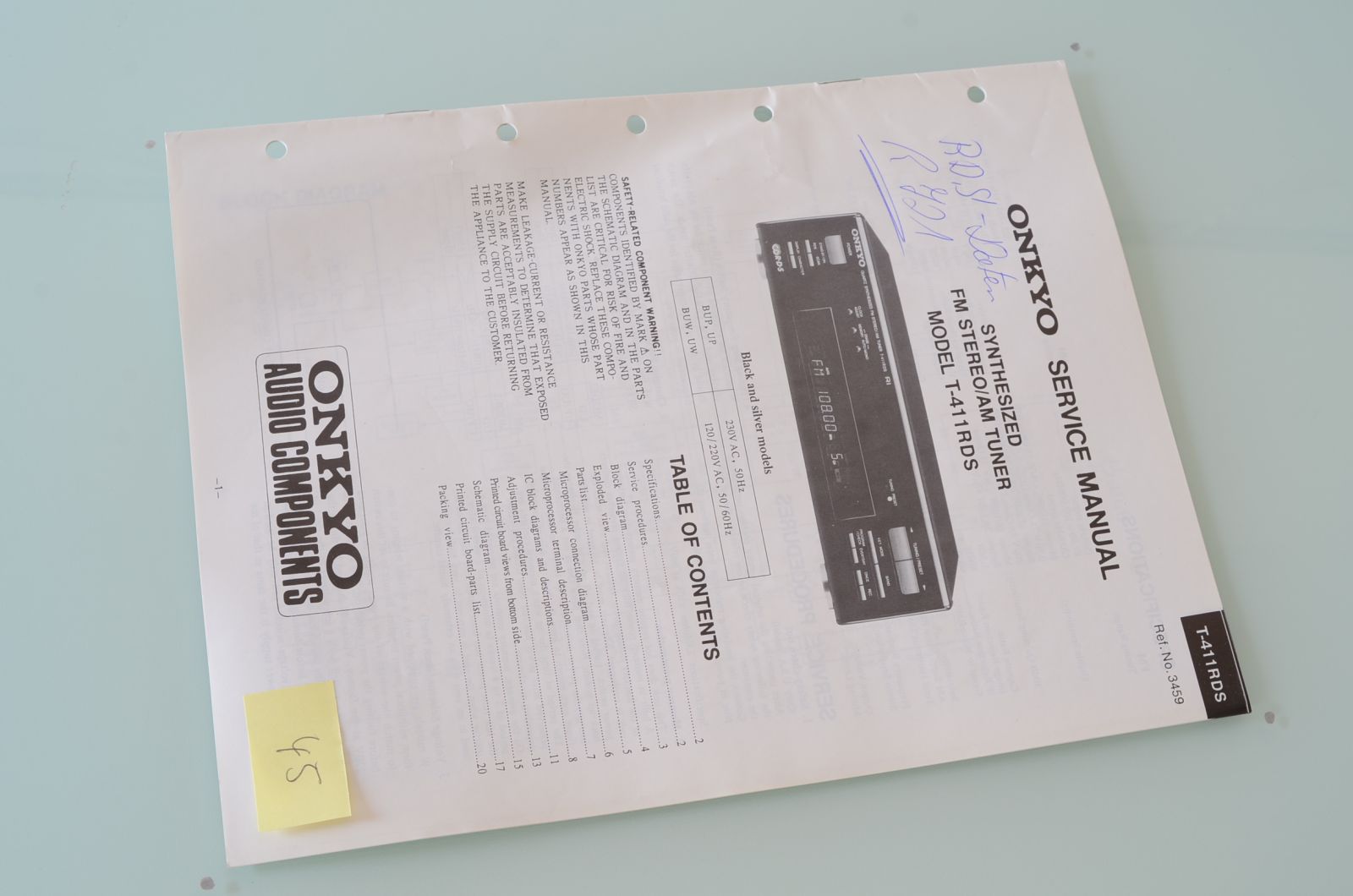 ONKYO T-411 RDS SERVICE MANUAL  			